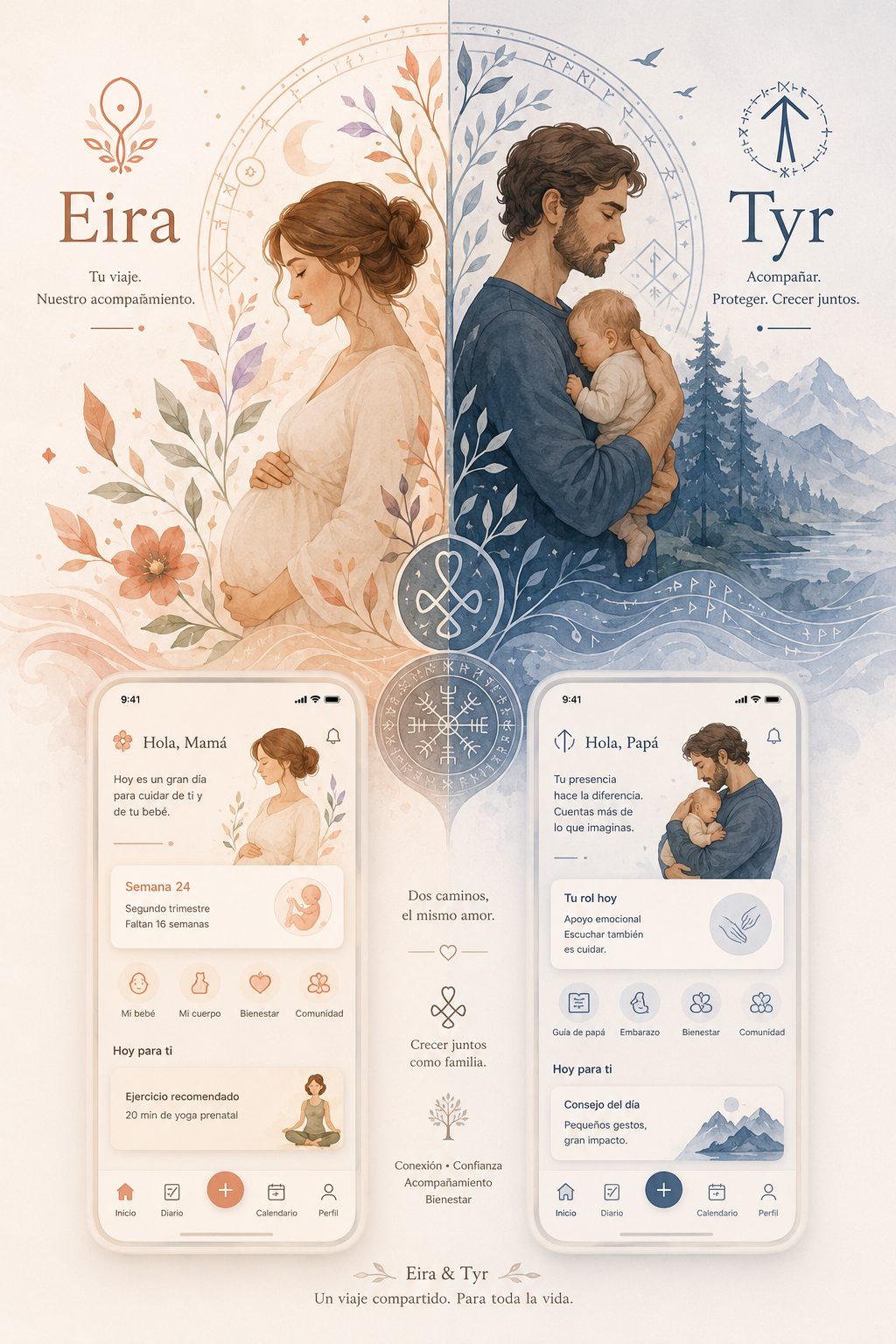 Eira y Tyr — pantallas de las apps para mamá y para papá