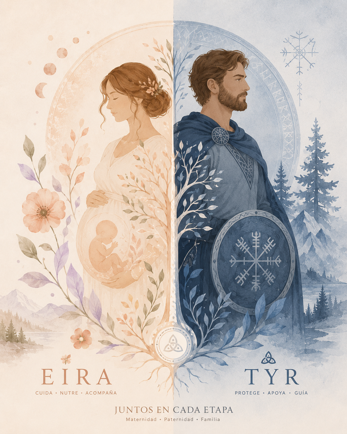 Eira y Tyr — ilustración de maternidad y paternidad, juntos en cada etapa