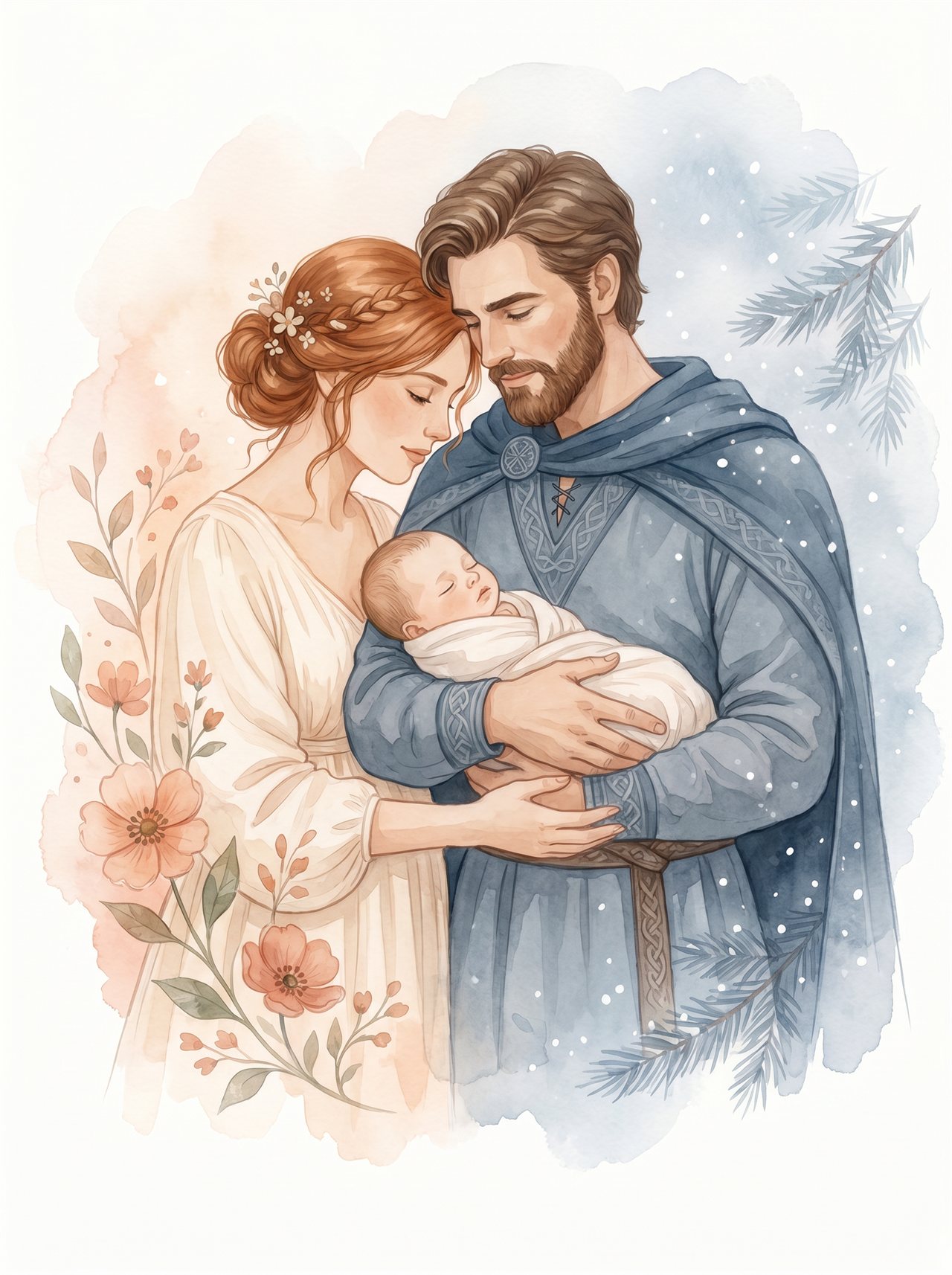 Eira y Tyr con su bebé en brazos — ilustración en acuarela de la familia creciendo junta